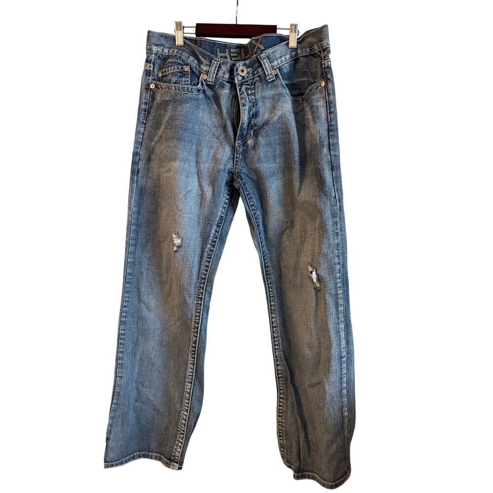 Helix Men’s Bootcut Jeans Distressed Leather Embellished Pockets Size 34 x 30